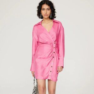 Sandro 36 Elvira Pink Long Sleeve Linen Shirt Dress Small
